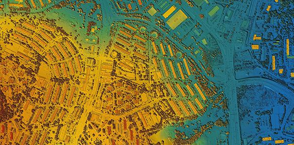 Colorful digital elevation model of an urban area